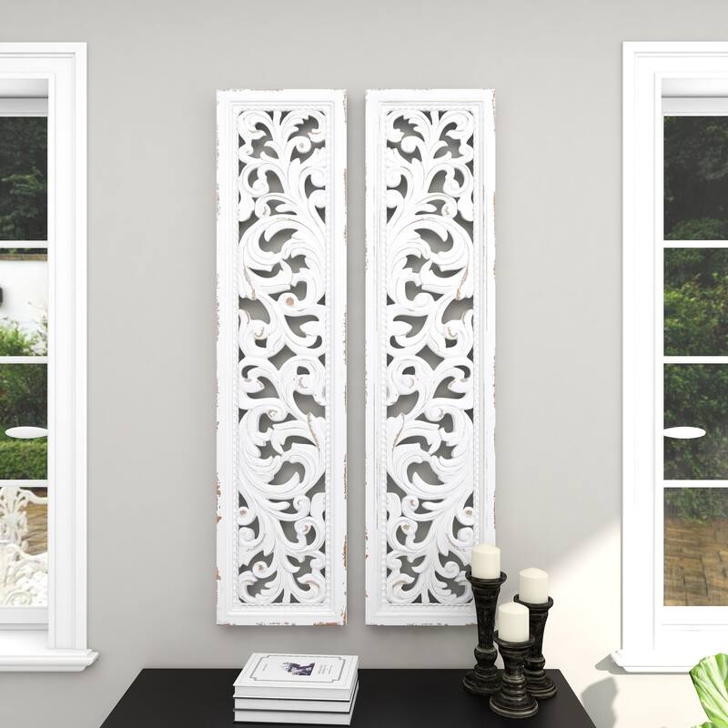 White Wood Handmade Slim Distressed Carved Panel Scroll Home Wall Decor (Set of 2)