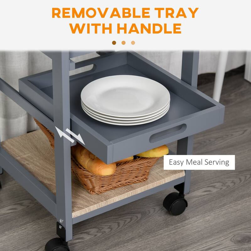 Mobile Kitchen Island, Solid Pine Wood Frame Bar Cart, Trolley Serving Cart with Drawer & Slide-Out Wire Storage Basket, Grey