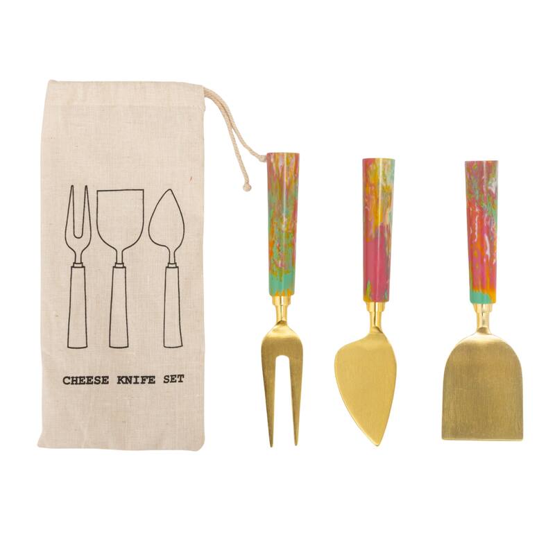 3-Piece Stainless Steel Cheese Knife Set with Marbled Resin Handles - 7.0"L x 2.0"W x 0.75"H