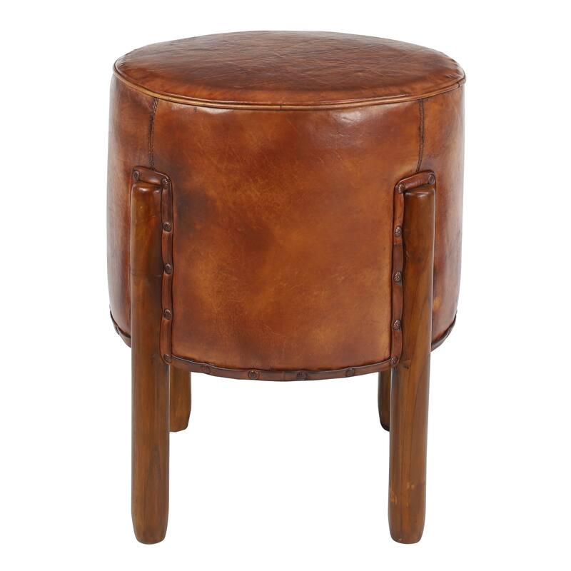 Teak Wood Handmade Upholstered Leather Stool with Wood Legs - Brown - Roche River Decor