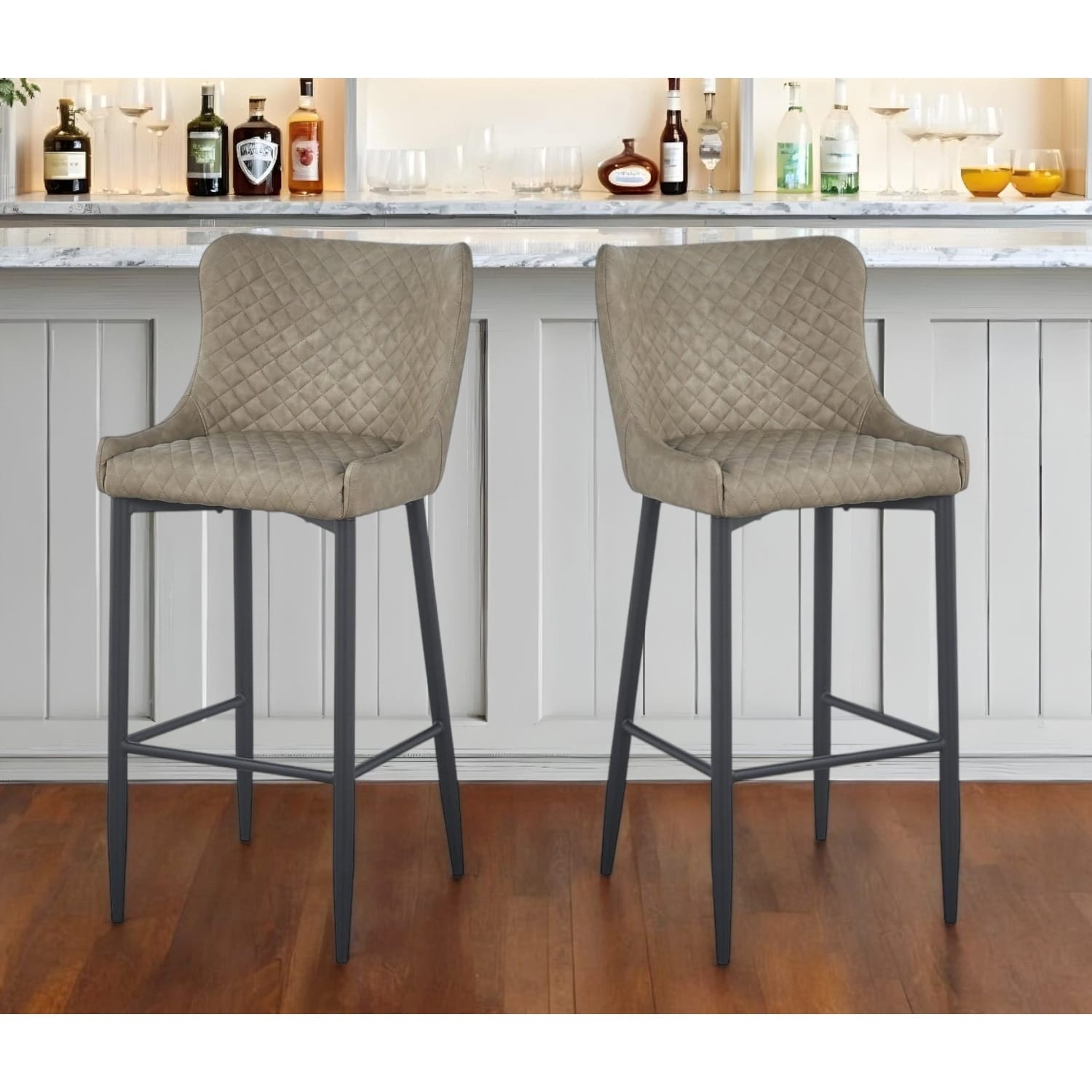 HomeRoots Set of Two 30" Gray and Black Faux Leather and Metal Low Back Bar Height Bar Chairs