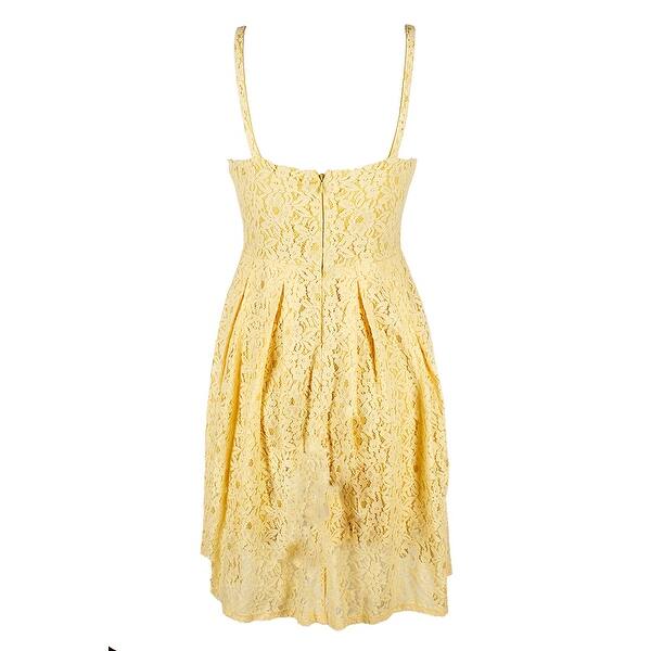 Shop Guess Pastel Yellow Sleeveless V Neck Lace Fit Flare Dress