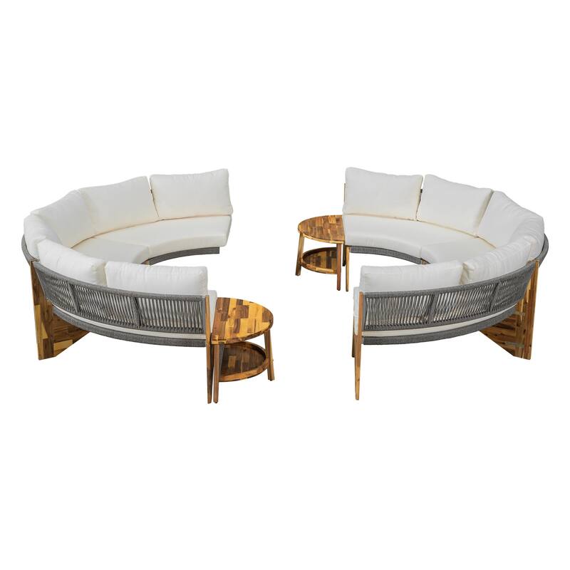 Outdoor 12-Seater Acacia Round Sectional Sofa Set with Coffee Table