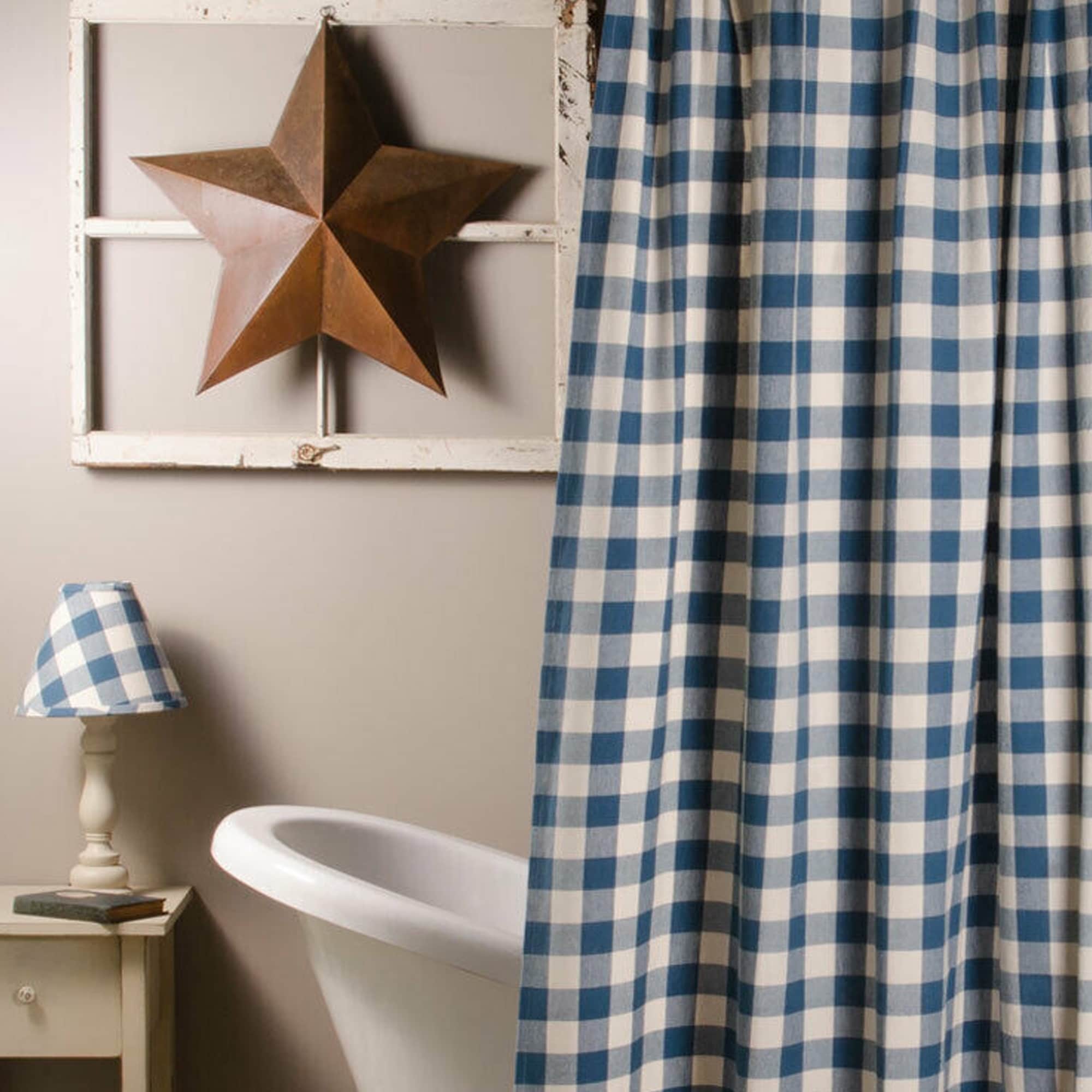 Cotton Shower Curtain Buffalo Check Blue and Buttermilk 72\, image size:2000x2000
