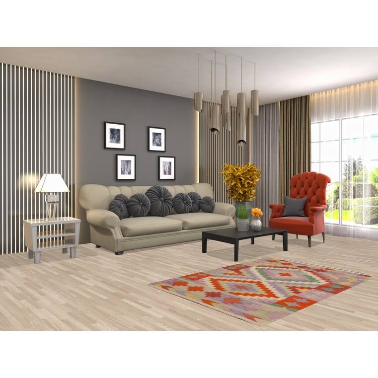 Geometric Kilim Area Rug Reversible Flatweave Foyer Wool Carpet - 3'4"x 5'0"