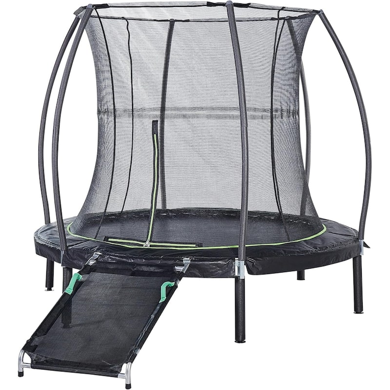 7 ft Round Trampoline with Enclosure & Ramp - Indoor Outdoor Kids Bouncer with Easy Access Entry Ramp - 14