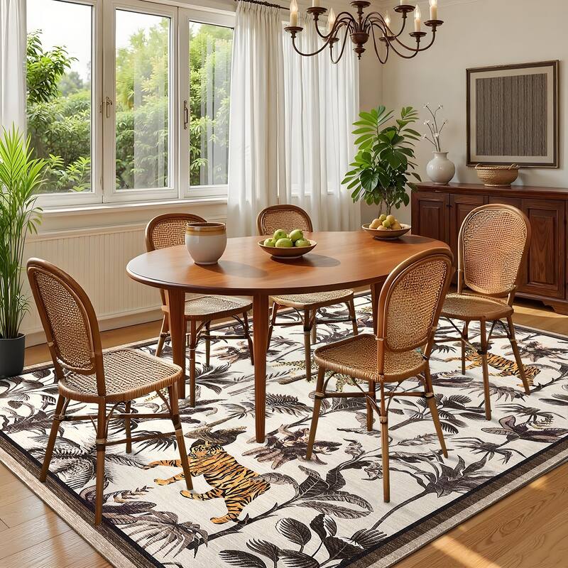 Living Room Rug Jungle Tiger Area Rug Plant Rugs Low Pile Non Shedding Soft Accent Carpet for Bedroom, Dining Room
