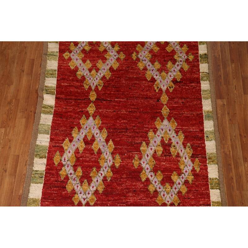 Hand Knotted Oriental 100% Wool Carpet Modern Geometric Red Moroccan Area Rug - 8' 2'' X 5' 5''