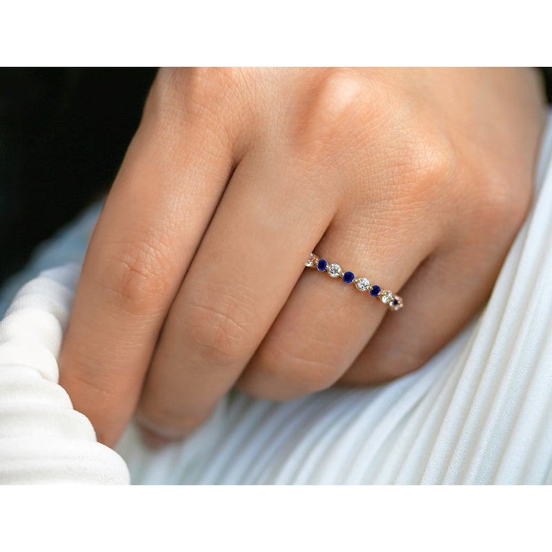 Kobelli Blue Sapphire & White Diamond 14k Gold Alternating Stackable Bead Prong Eternity Ring