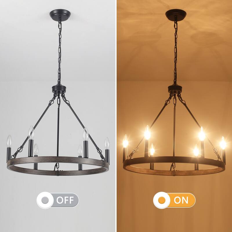 22.04 in. 6-Light Black Rustic Farmhouse Chandelier, Wagon Wheel Chandelier for Dining Room Living Room Bedroom Kitchen