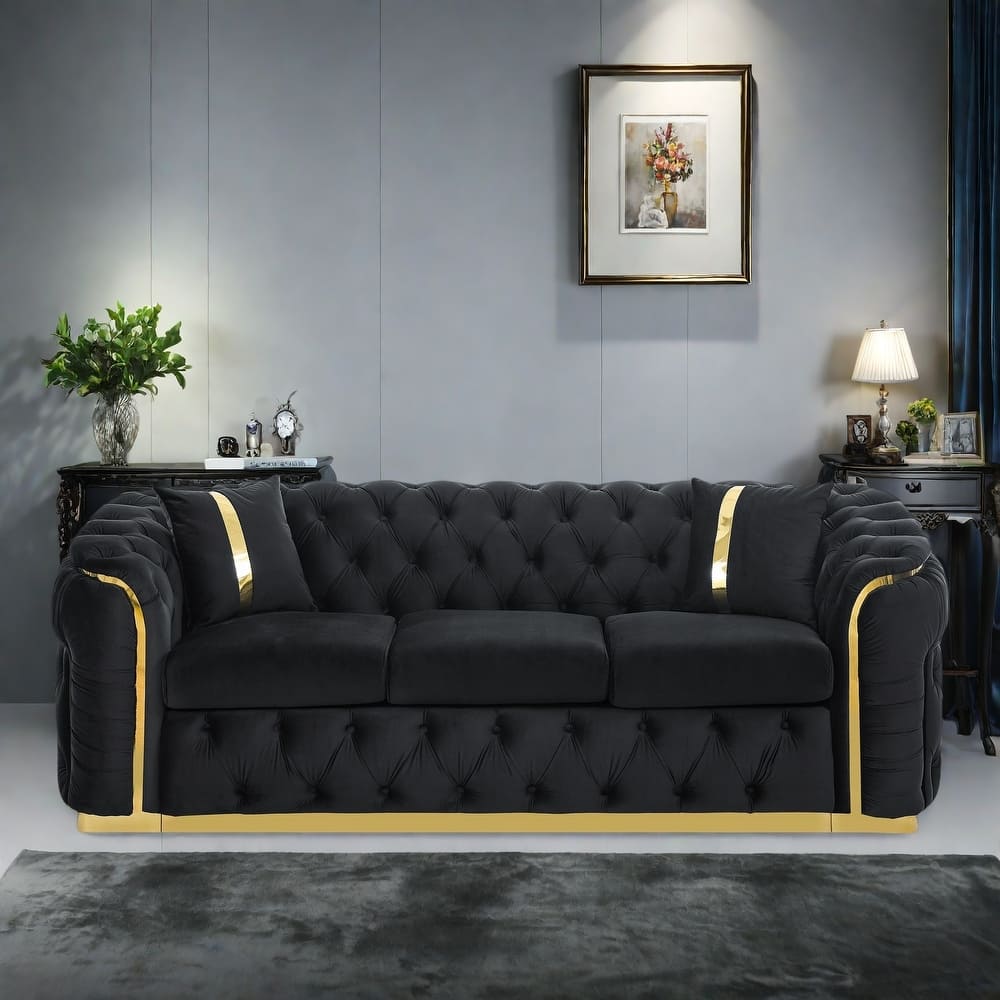 90.6" Velvet 3-Seater Sofa with 2 Pillows High-Density Cushions, Gold Accents, and Pillows