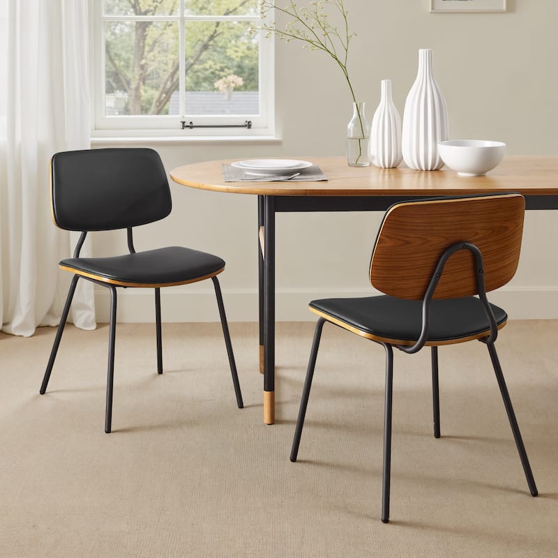 Art Leon Set of 2 Mid-century PU Leather Bentwood Dining Chairs - Black