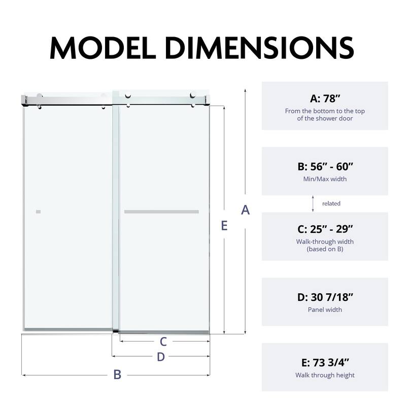 VS Series 56" - 60"W x 78H" Soft Closing Frameless Double Sliding Shower Doors With 3/8" Clear Tempered Glass