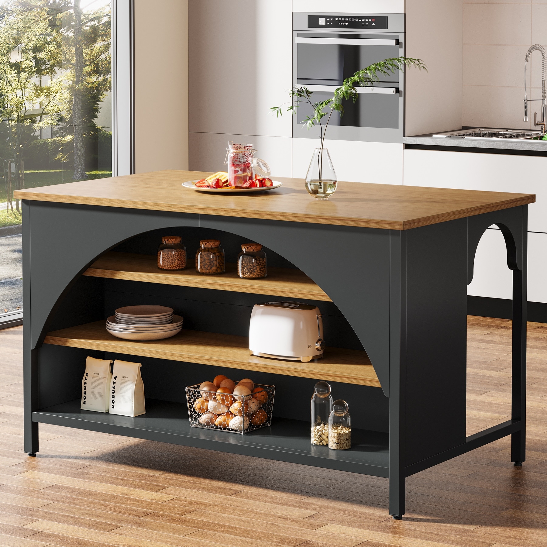 55 Inch Farmhouse Wooden Kitchen Island with Large Countertop and Seating Area - N/A