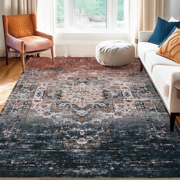 slide 2 of 40, Ombre Vintage Area Rug Distressed Washable Living Room Bedroom Rug Indoor Carpet Ultra-Thin Soft Rug Non-Slip Rust/Navy Multi - 10*13ft