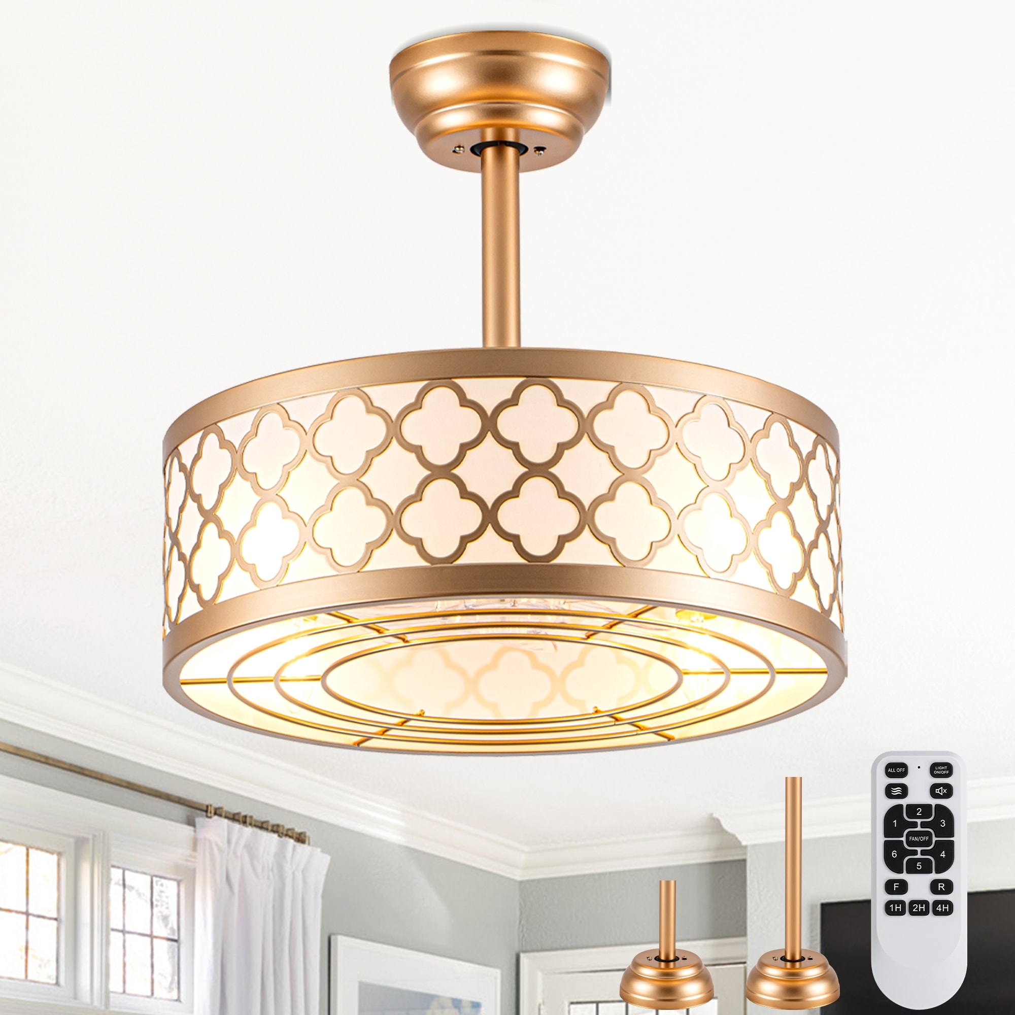 Cusp Barn 18" Fandelier Caged Ceiling Fan with Lights and Remote, Modern Gold 6 Speeds Reversible DC Motor Indoor Ceiling Fan