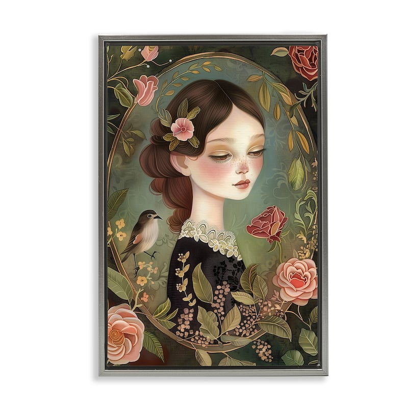 Stupell Vintage Lady & Floral Border Framed Floater Canvas Wall Art Design By The Dutch Lady - 21 x 31 - Grey