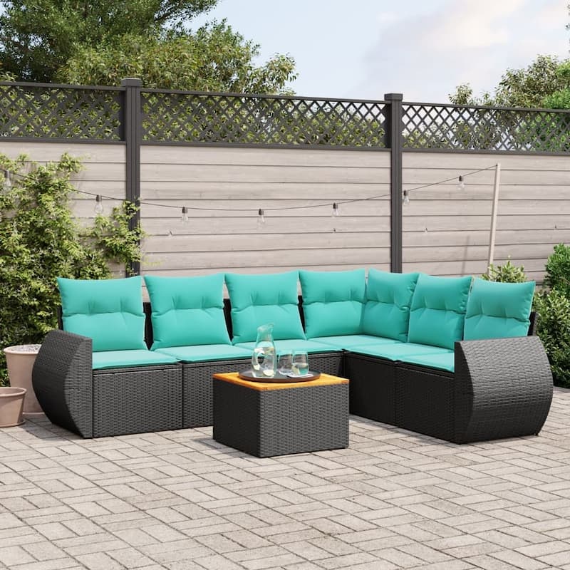 vidaXL Patio Sofa Set with Cushions Outdoor Furniture 7 Piece Poly Rattan - 24.4x 24.4x 27.2 - Black-3x middle+corner+2x sofa+table