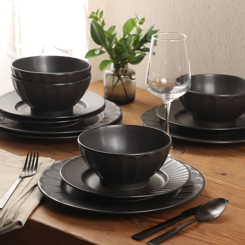 Gibson Elite Winchester Way 12-Piece Embossed Stoneware Dinnerware Set - Reactive, Durable Lightweight- Plates & Bowls Set