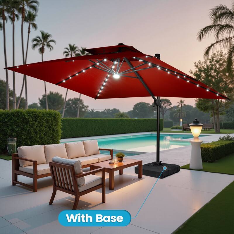 13 x 10ft Outdoor Aluminum Dual Top Patio Cantilever Umbrella LED Light with Weights Base