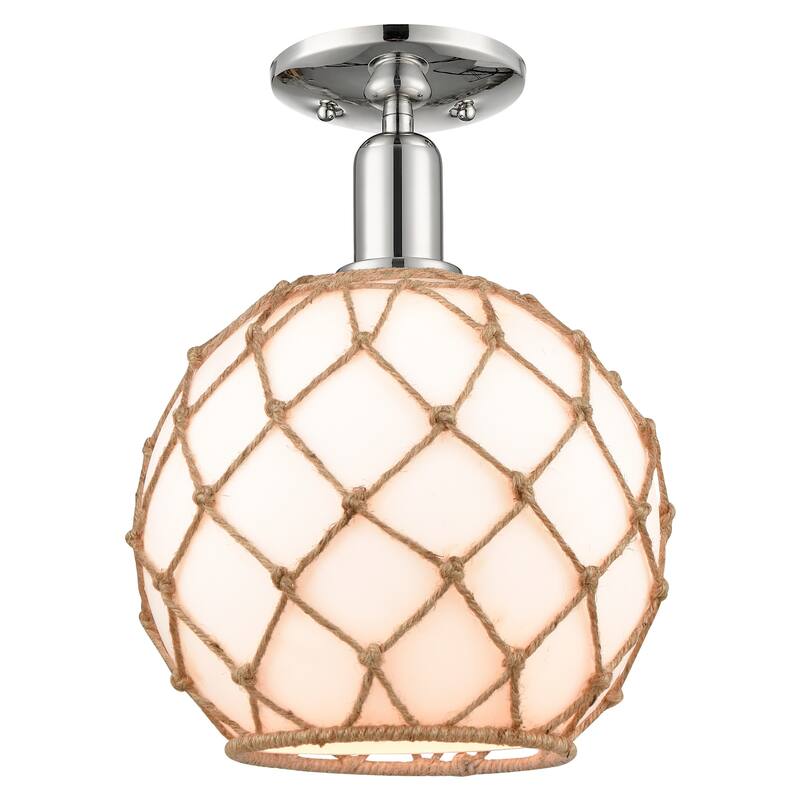 Innovations Lighting 716-1C-14-10 Farmhouse Rope Semi-Flush Farmhouse - Polished Nickel / White Glass with Brown Rope