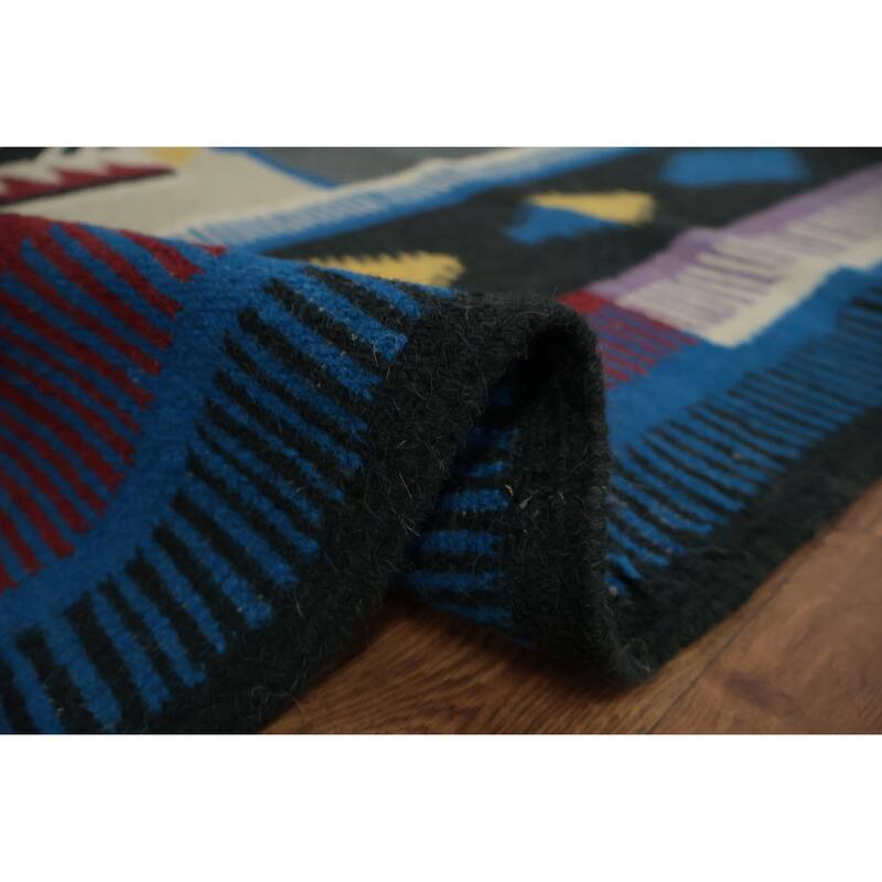 Hand Woven Oriental 100% Wool Carpet Southwestern Tribal Navy Blue & Blues Kilim Area Rug - 10' 1'' X 8' 1''