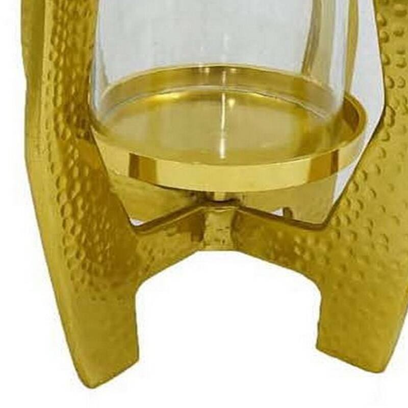 Dolk 27 Inch Tabletop Lantern, Antique Shape, Glass Body, Gold Metal Frame