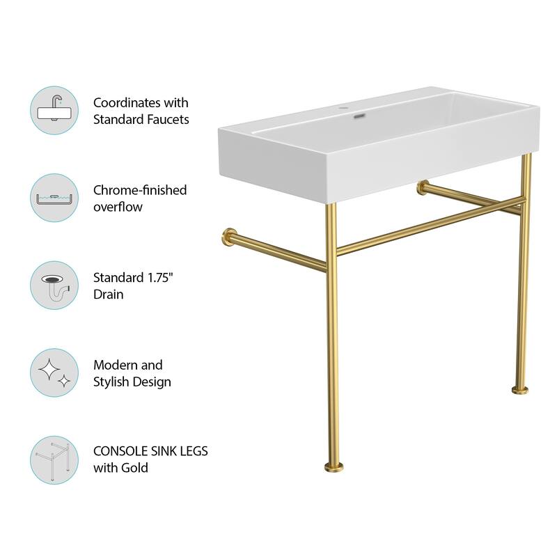 Console Sink with Stainless Steel Support Legs, Porcelain Sink for Bathroom, Hotel & Commercial Use, Overflow Drain Included