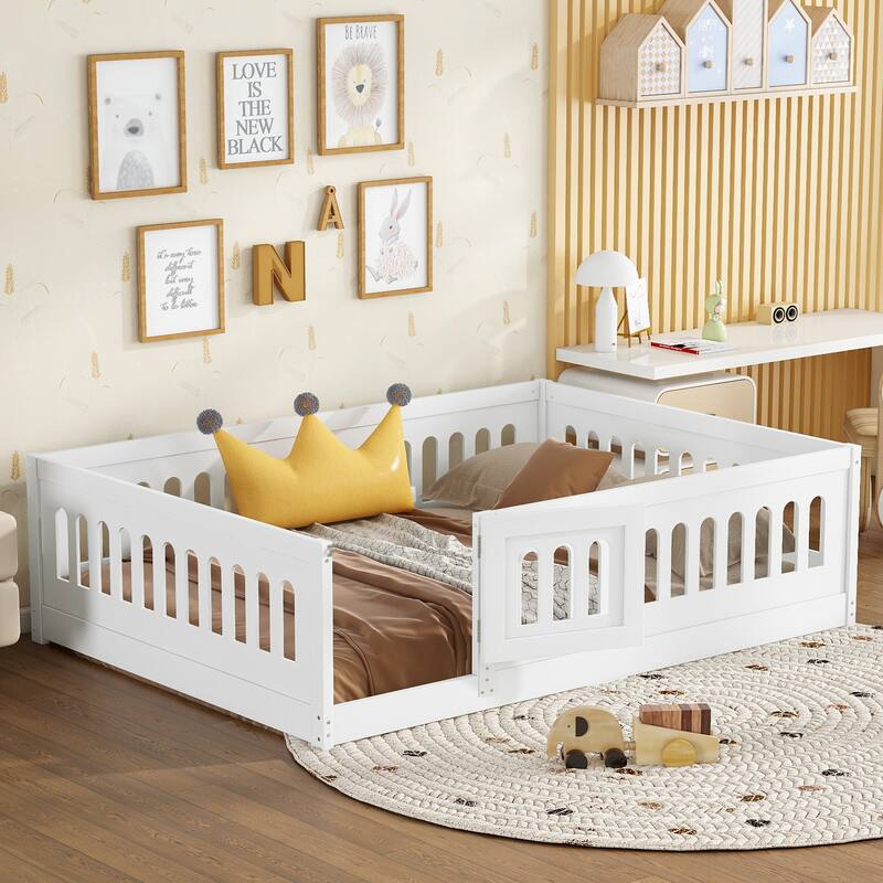 Full Size Floor Bed with Slats, Solid Wood Bedframe with Heightened Safety Guardrails and Door - White