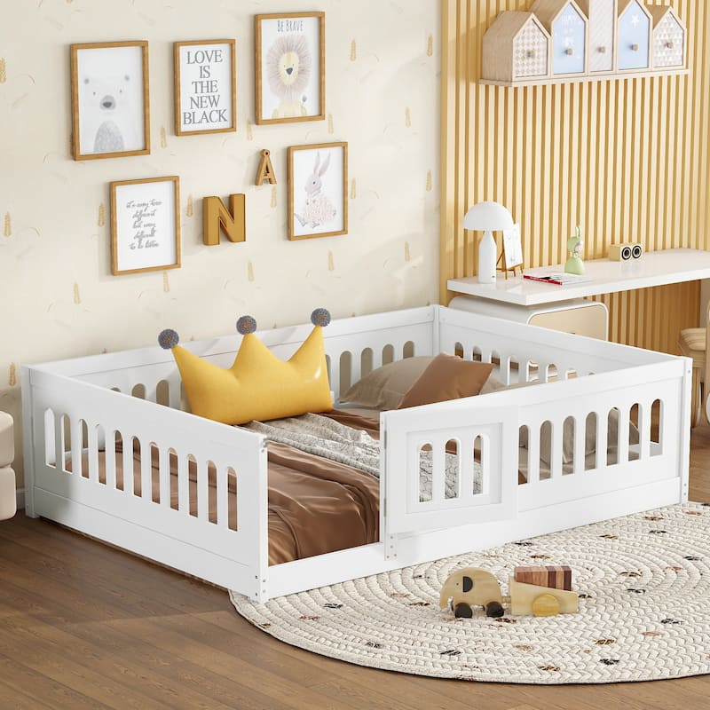Solid Wood Montessori Floor Bed with Fence & Doors, Wood Slats Support