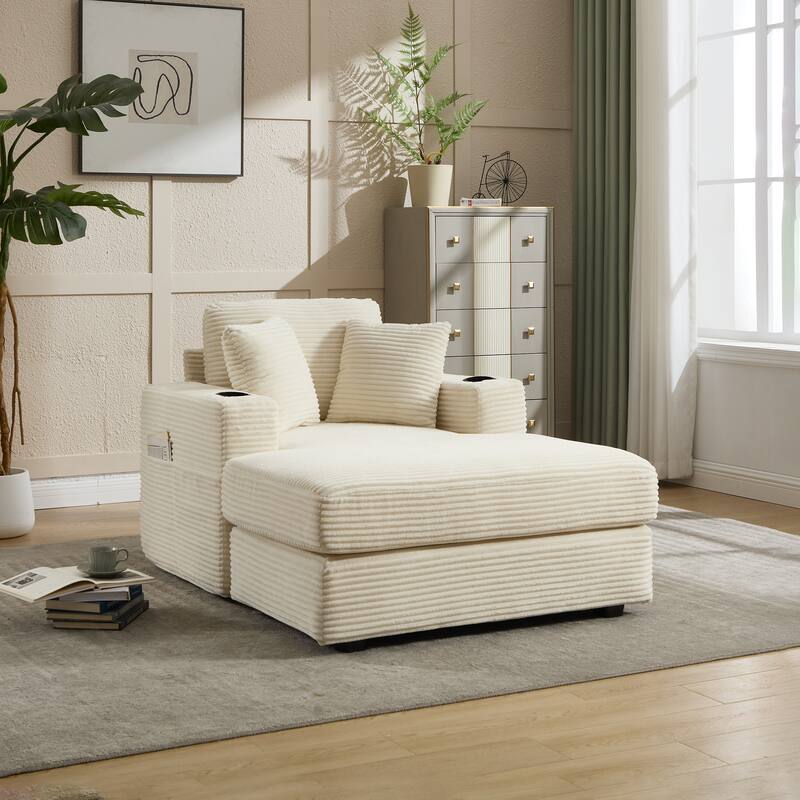Corduroy Upholstered Chaise Lounge Sofa,Magazine bag,Detachable Cushions Deep Seat for Living Room Office - Beige