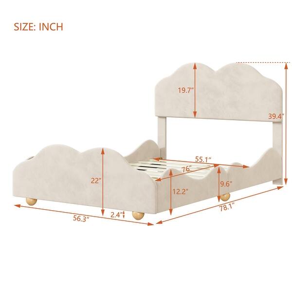 dimension image slide 0 of 6, Velvet Upholstered Platform Bed with Cloud Shape Headboard, Footboard, Side board - Easy Assembly