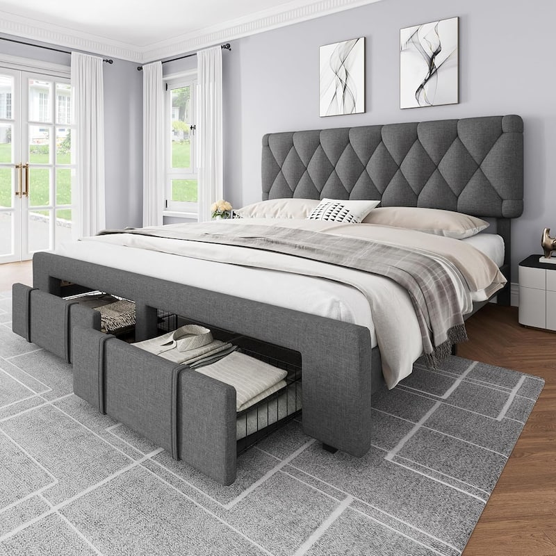 Upholstered Platform Bed Frame with Storage Drawers, Solid Wood Slats, No Box Spring Needed - Queen - Grey