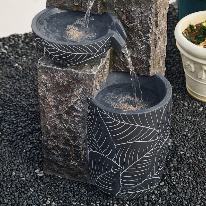 Glitzhome 32.75"H Oversized 4-Tier Leaf Textured Resin Outdoor LED Fountain