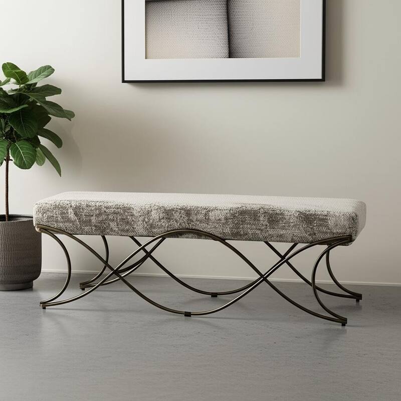HomeRoots 55" Gray and Gold Chenille and Metal Upholstered Bench - 55 in. x 18 in. x 17.6 in. - 55 in. x 18 in.  x 17.6 in. - Gray