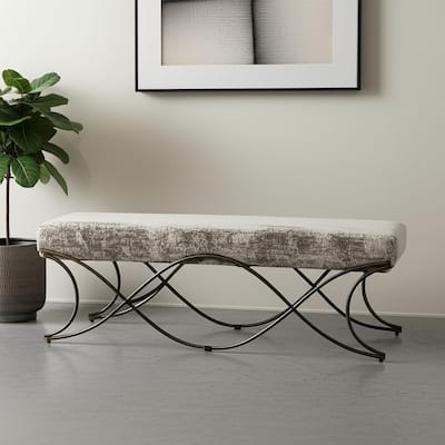 HomeRoots 55" Gray and Gold Chenille and Metal Upholstered Bench - 55 in. x 18 in. x 17.6 in.
