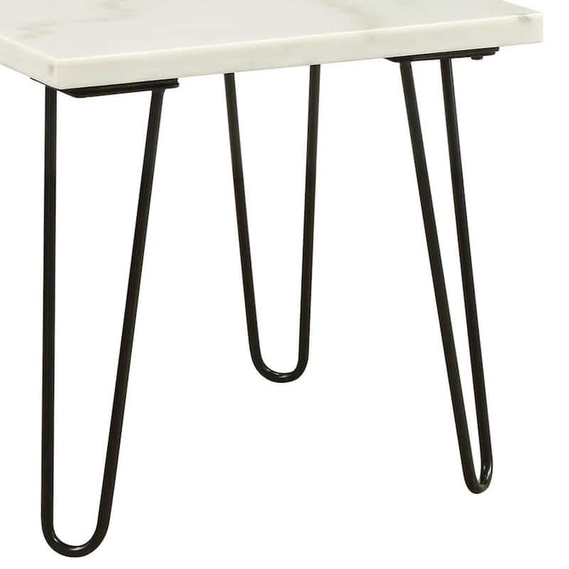Marble Top End Table with Hairpin Style Metal Legs, White and Black