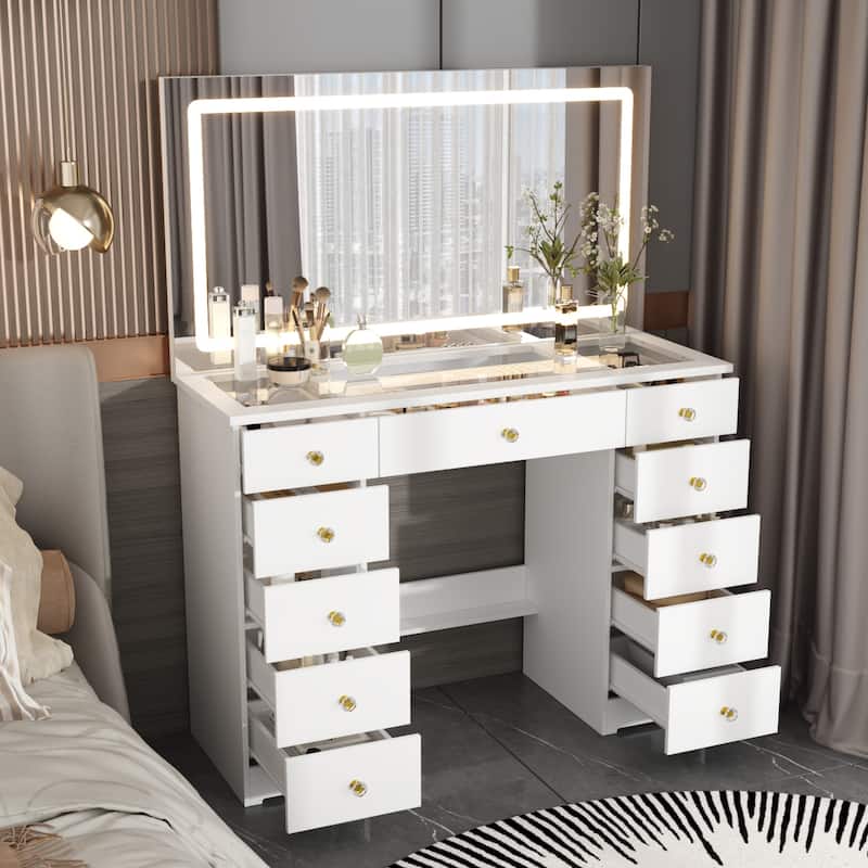 LED Lighted Makeup Vanity w/10 Drawer Modern Dressing Table for Bedroom Glass Top Vanity Table