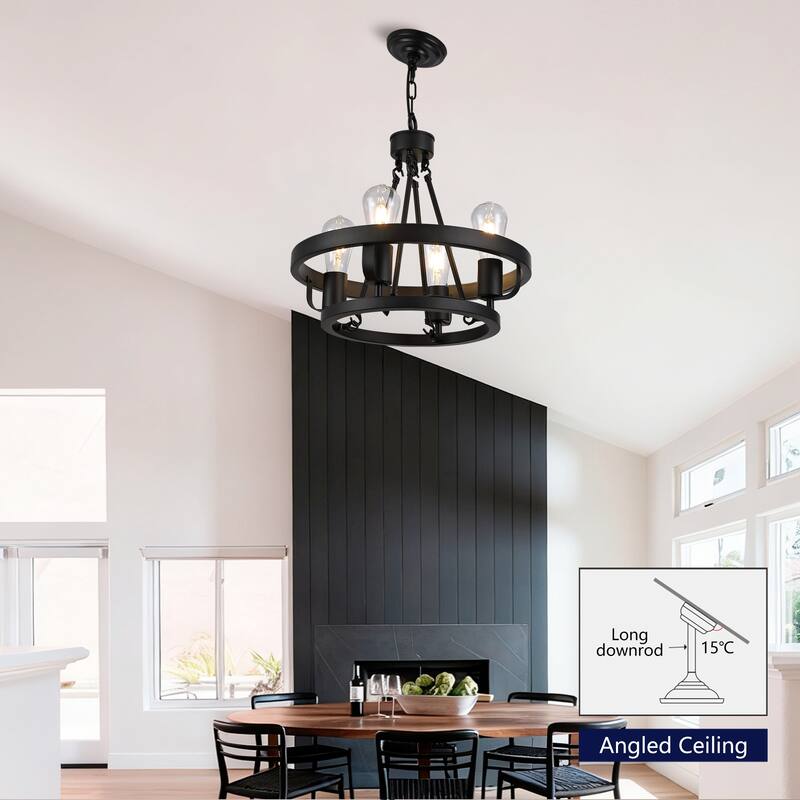 Four-Light Plug-In Pendant Lamp, Carriage Wheel Design, Circular Metal Pendant With 39.5-Foot Chain, For Bedrooms Dining Rooms