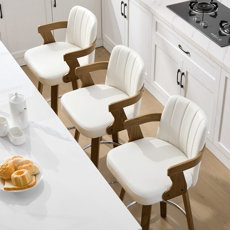 Upholstered Swivel Barstool with Arms and Bentwood Legs - 40.8"H x 18.9"W x 19.5"D/19.3"D