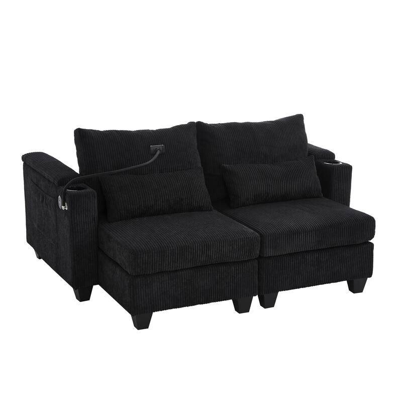 63" Convertible Corduroy Sofa Bed with USB Ports, Storage & Lumbar Pillows, Black
