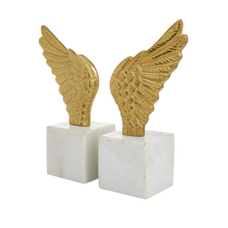 Aluminum Metal Bird Wings Decorative Bookends with Marble Base - Set of 2 Gold or Silver - Roche River Decor