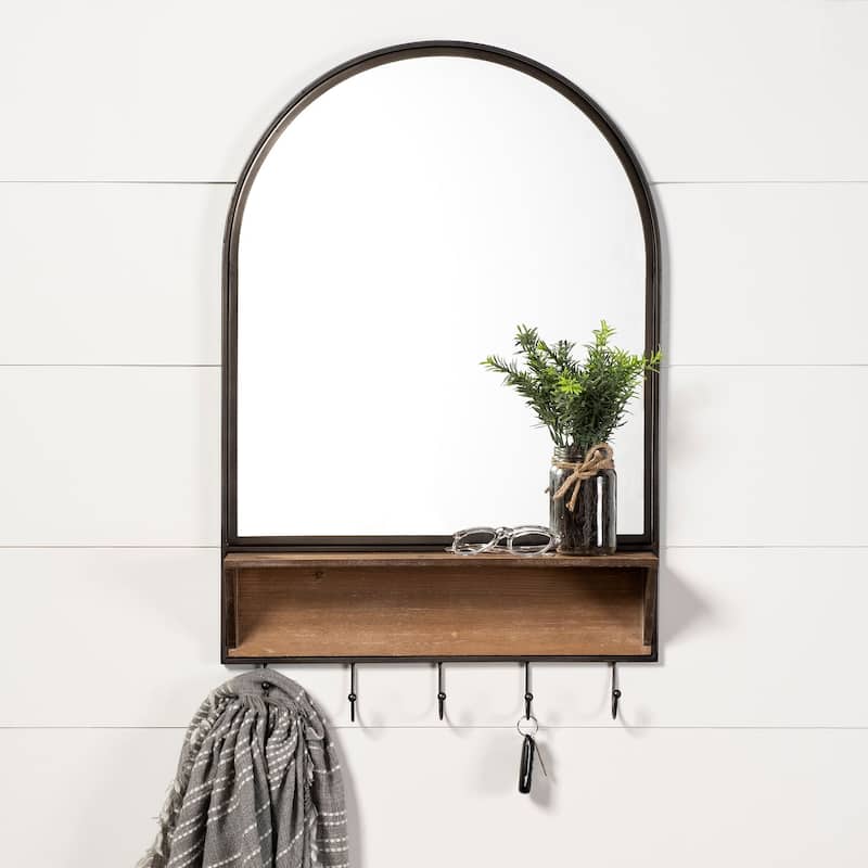 Neville Black Metal and Brown Solid Wood Shelf With Hooks Arched Mirror - 30" x 20"