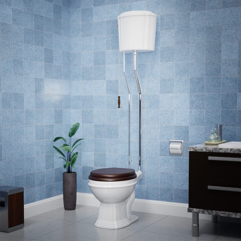 Aspen White Ceramic High Tank Pull Chain Toilet Elongated Rear Entry Bowl and Chrome L Pipes 74 to 78" Height
