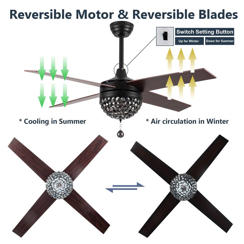 Bella Depot 52" Modern Crystal Ceiling Fan with LED Light, Reversible Ceiling Fan with Remote Control