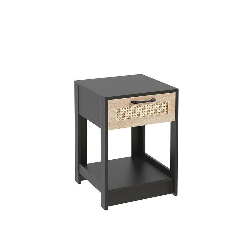 15.75" Rattan End black table with drawer, Modern nightstand, side table for living roon, bedroom,natura
