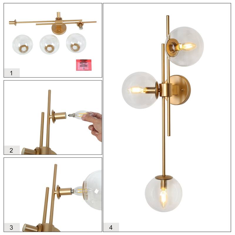 Modern Gold 3-Light Bathroom Vanity Lights Globe Glass Wall Sconces