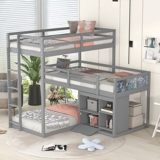 Wood L-Shaped Triple Twin Bunk Bed with Storage Cabinet - Sturdy Pine ...