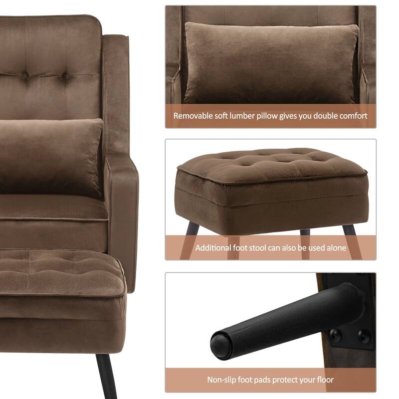 MCombo Modern Accent Club Chair with Ottoman, Velvet Upholstered Armchair with Lumbar Pillow 4278