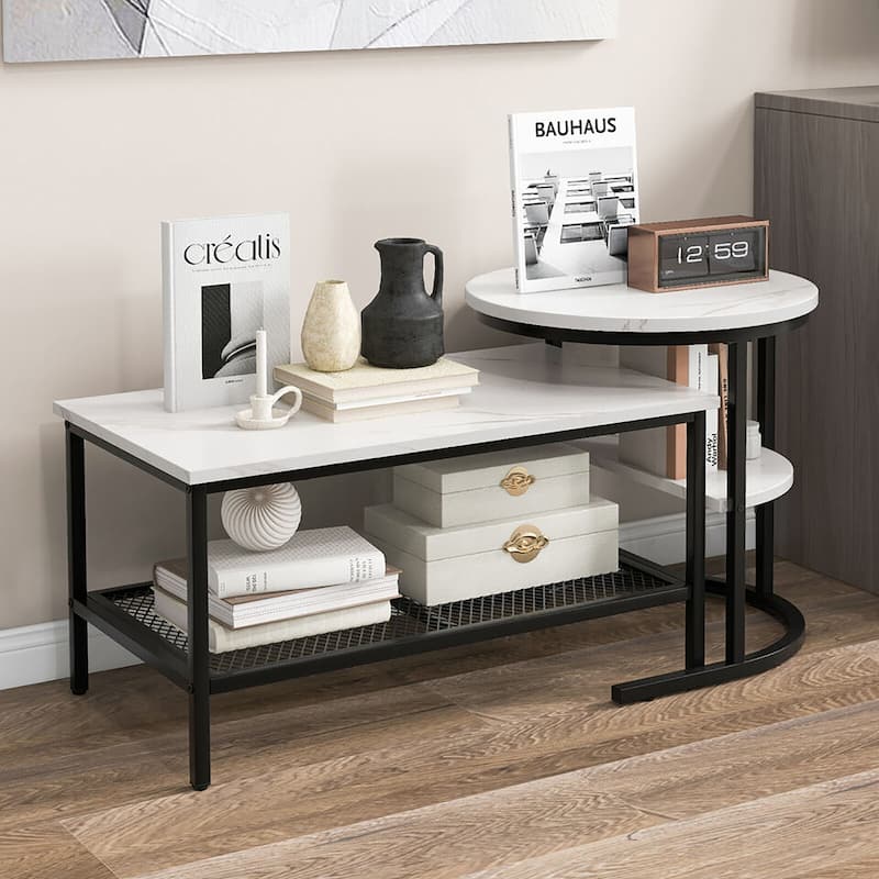 Gymax Nesting Coffee Table Set of 2 Faux Marble Top Detachable w/